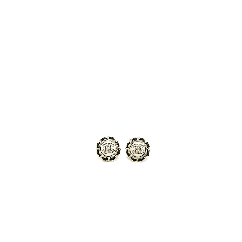 Chanel Round CC Logo Earring Leather Chain/Crystal Light Gold Tone