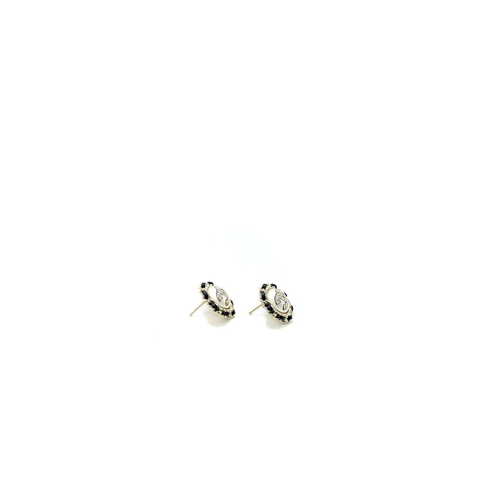 Chanel Round CC Leather/ Crystal Earrings L