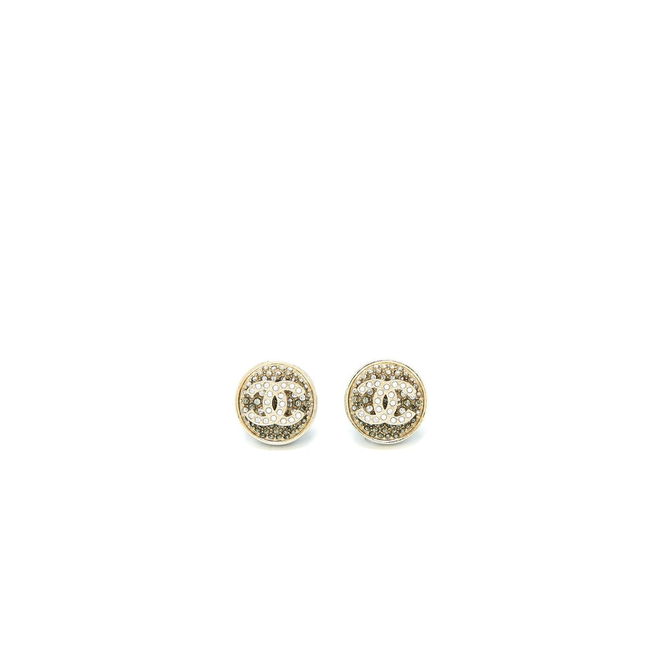 Chanel 23P CC Logo Crystal Round Earrings Light Gold Tone
