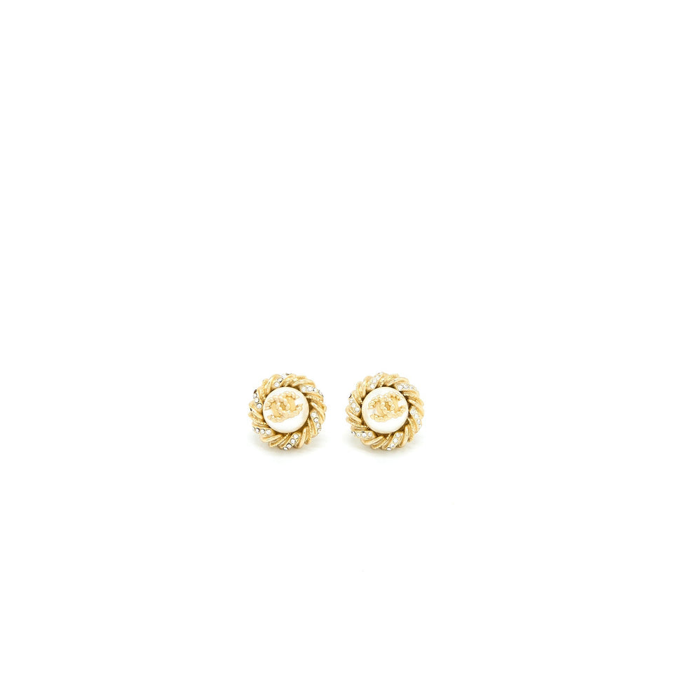 Chanel Round CC Logo Earrings Pearl/Crystal Light Gold Tone