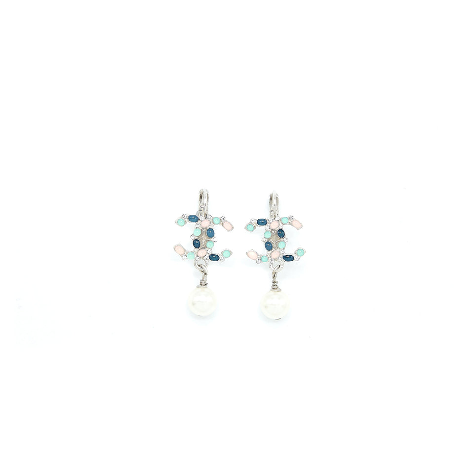 Chanel Pearl Drop CC Logo Earrings Enamel/Pearl Multicolour Silver Tone
