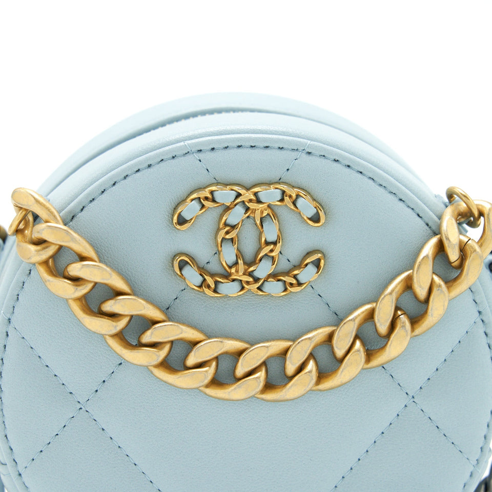 Chanel 19 Round Clutch With Chain Lambskin Light Blue