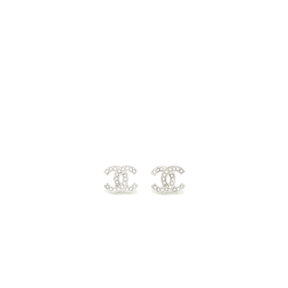 Chanel CC Logo Earrings Crystal Silver Tone