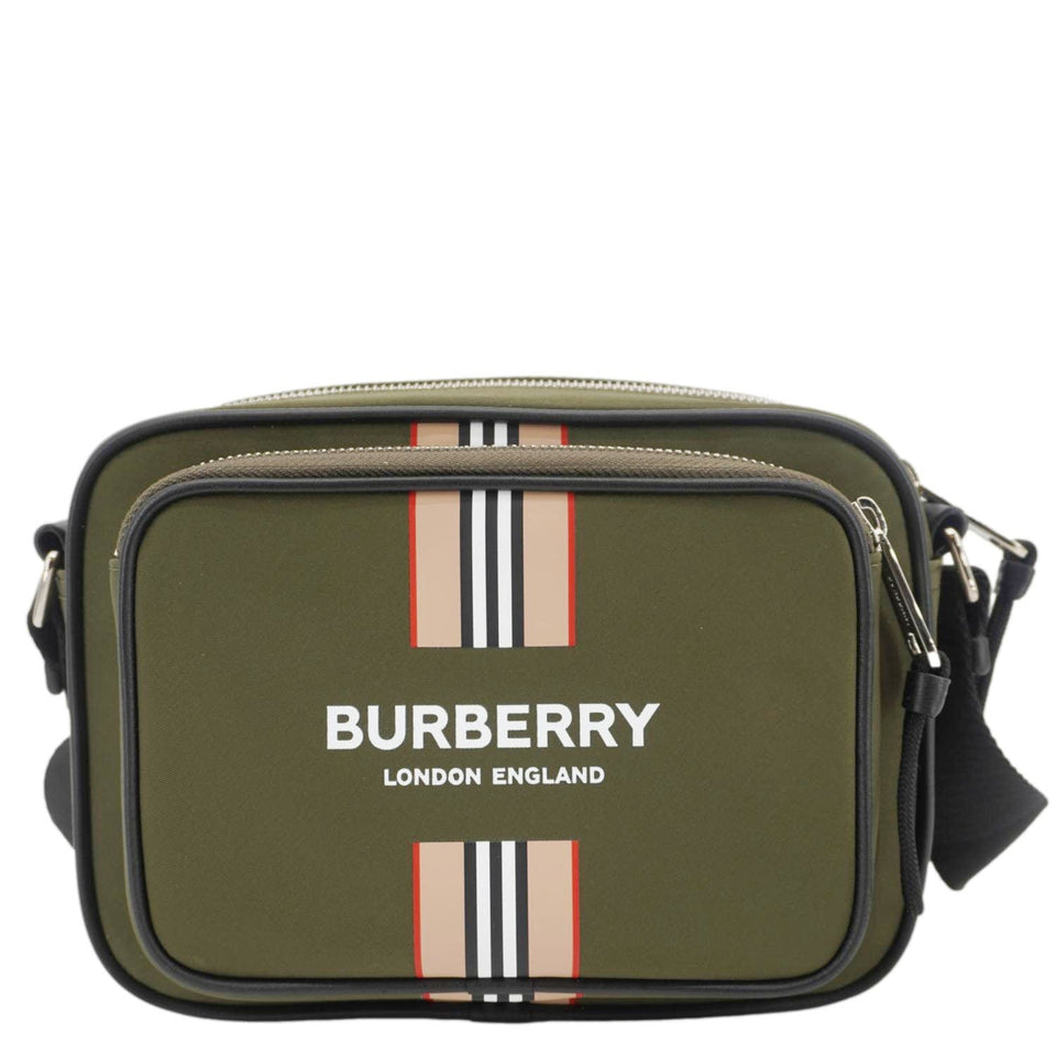 Luxury Burberry Top Striped Leather Crossbody Bag Green