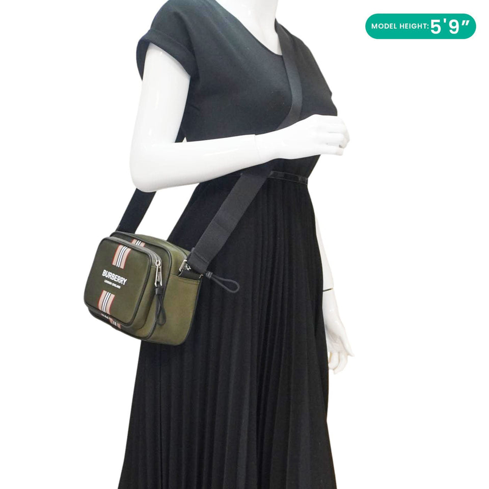 Luxury Burberry Top Striped Leather Crossbody Bag Green