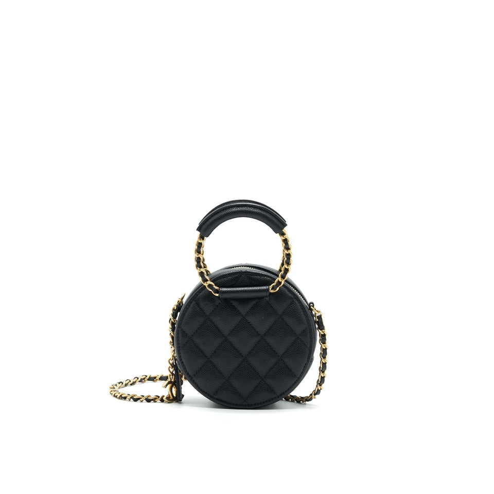 Chanel Top Handle Caviar Round Clutch with Chain Black
