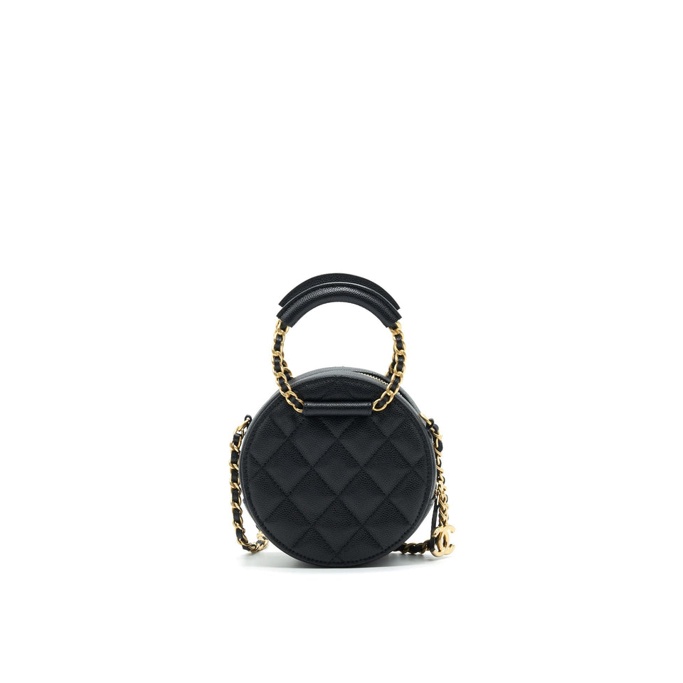 Chanel Top Handle Caviar Round Clutch with Chain Black