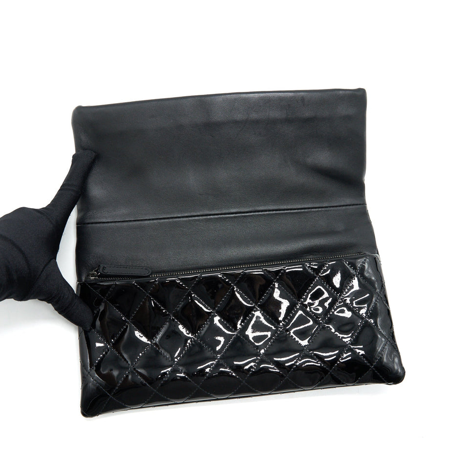 Chanel Fold Over Clutch Patent Leather Black