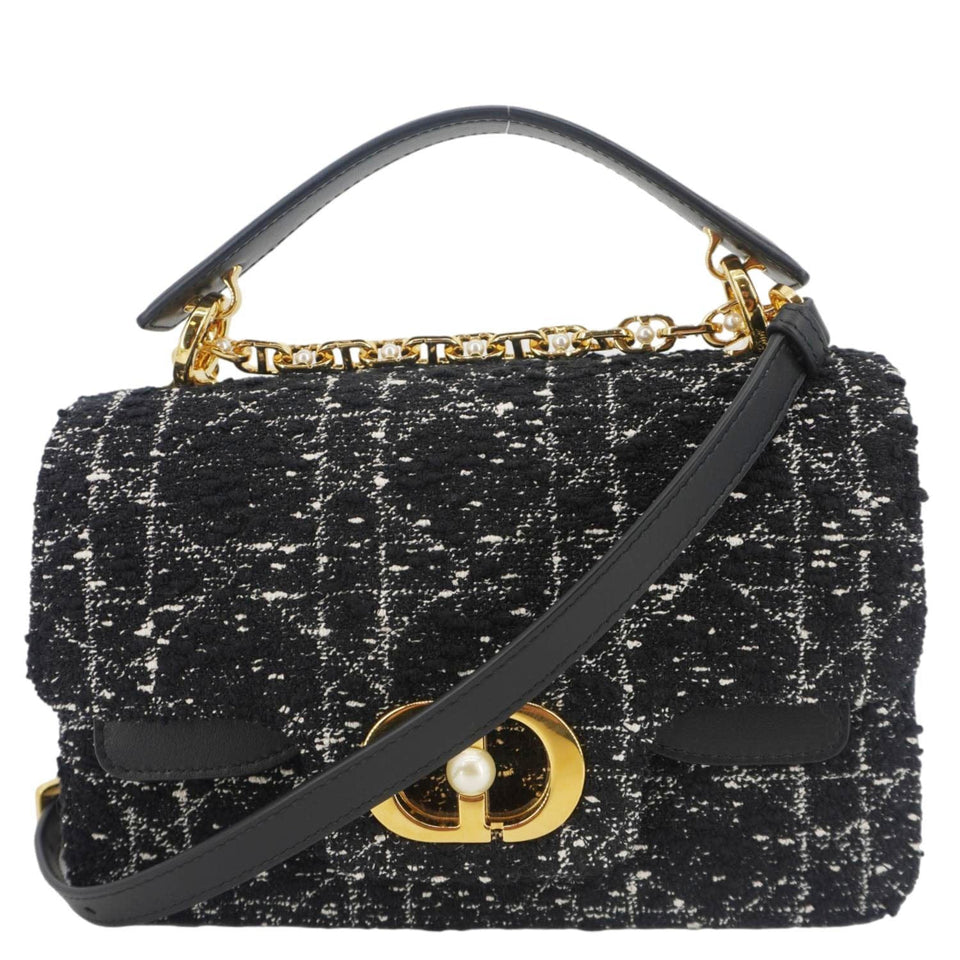 Christian Dior Jolie Small Cannage Tweed Top Handle Shoulder Bag Black