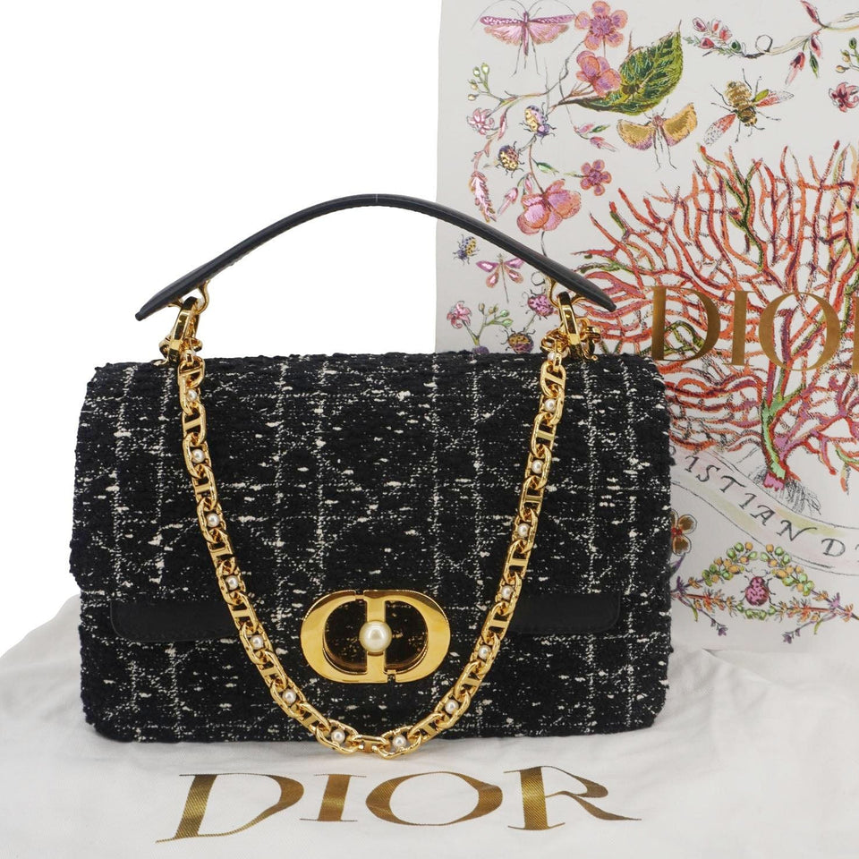 Christian Dior Jolie Small Cannage Tweed Top Handle Shoulder Bag Black