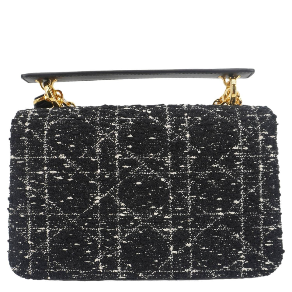 Christian Dior Jolie Small Cannage Tweed Top Handle Shoulder Bag Black