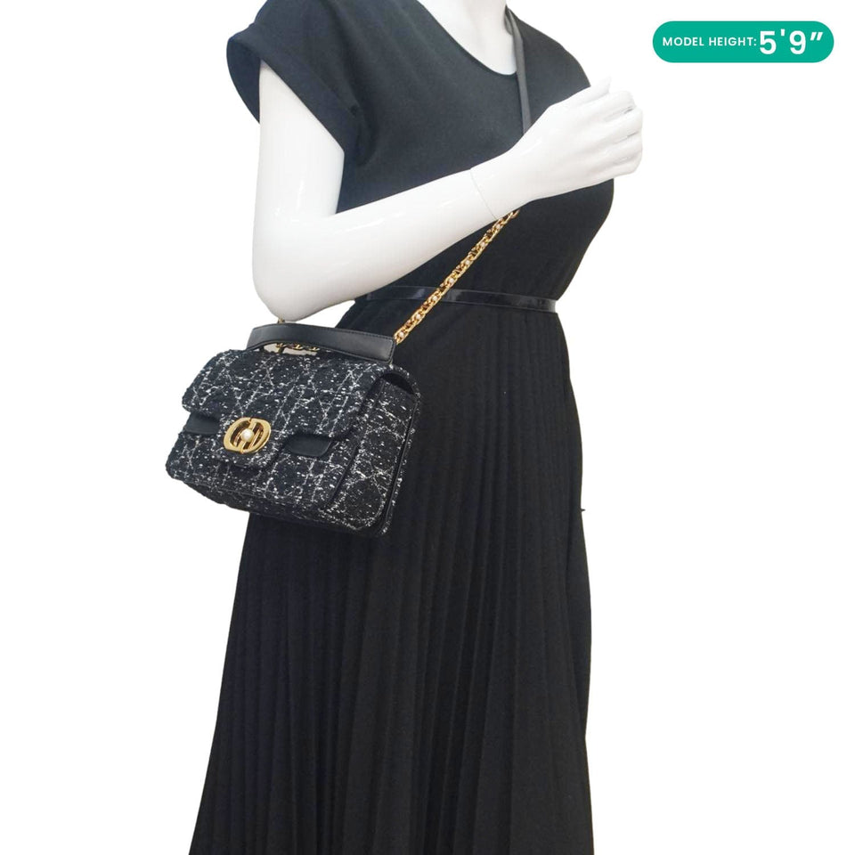 Christian Dior Jolie Small Cannage Tweed Top Handle Shoulder Bag Black