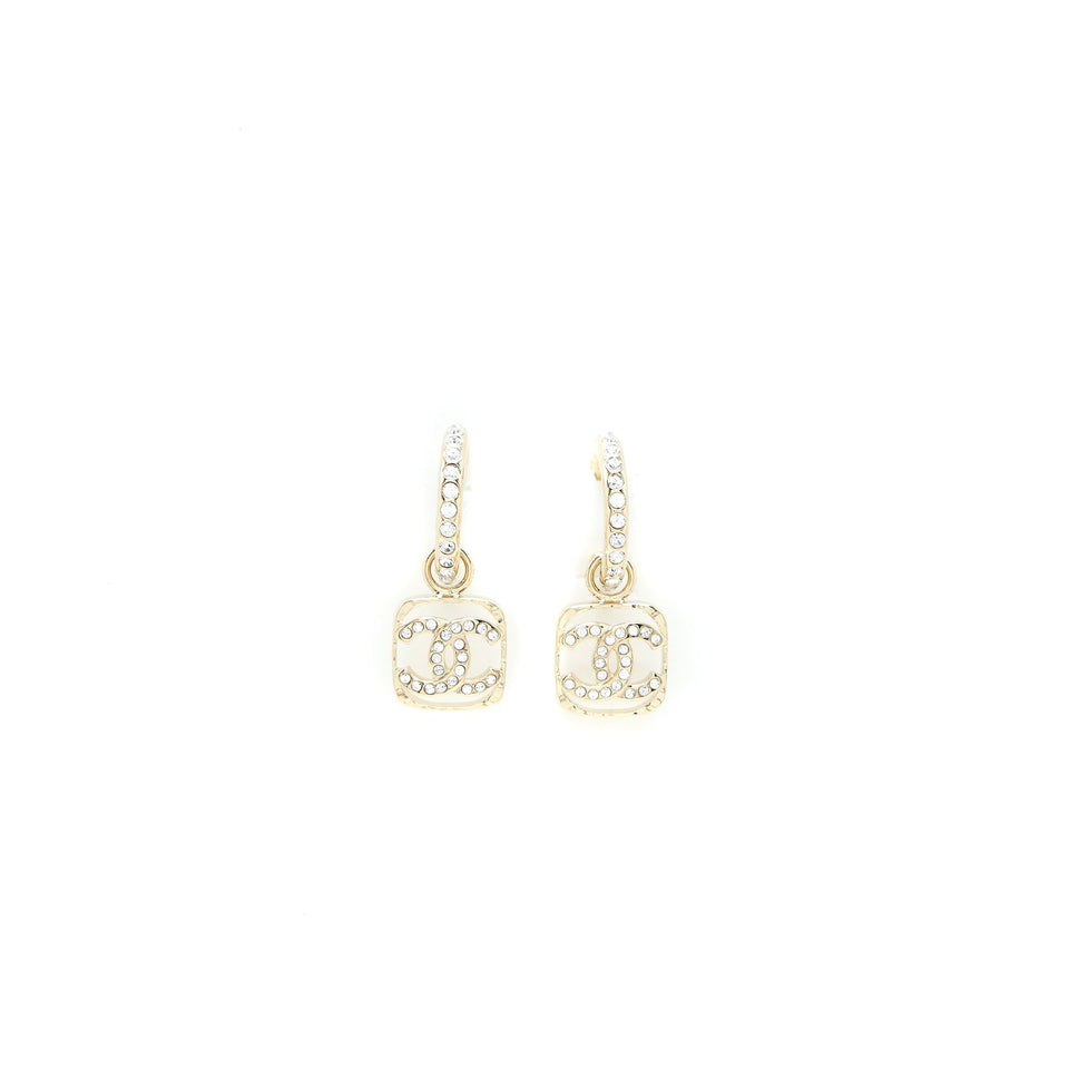 Chanel 23P Square CC Logo Drop Earrings Crystal Light Gold Tone
