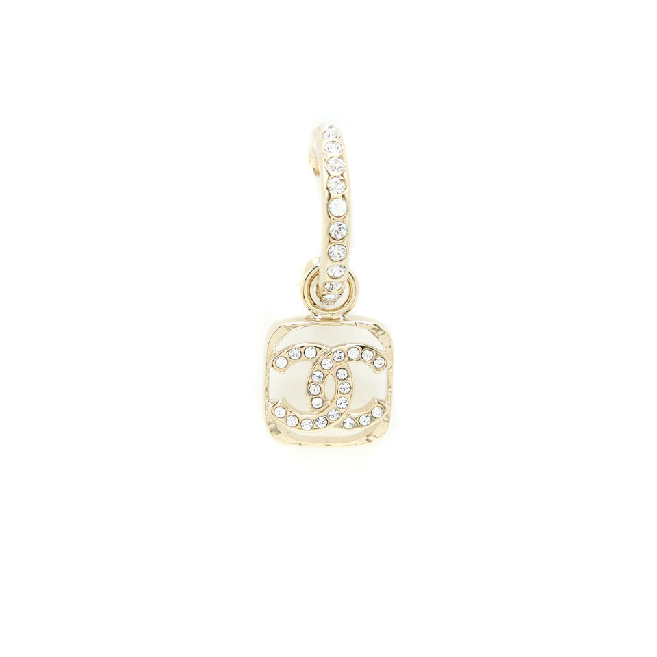 Chanel 23P Square CC Logo Drop Earrings Crystal Light Gold Tone