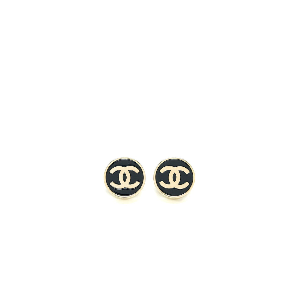 Chanel Round and CC Logo Earrings Black/Light Gold Tone