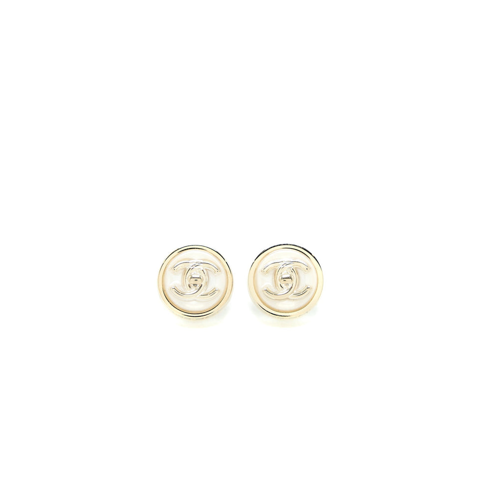 Chanel Round with CC Logo Earrings White/Light Gold Tone
