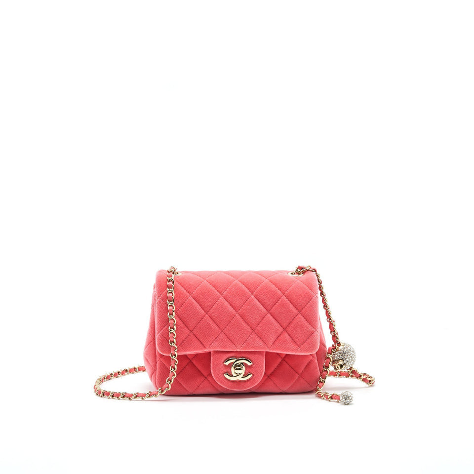 Chanel Velvet Quilted Mini Square Pearl Crush Flap Bag Pink