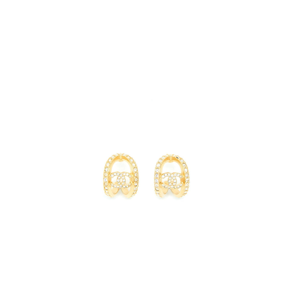 Chanel CC Logo Earrings With Full Crystal Gold Tone