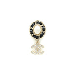 Chanel Crystal CC Logo Drop Earrings Leather Pearl Light Gold Tone