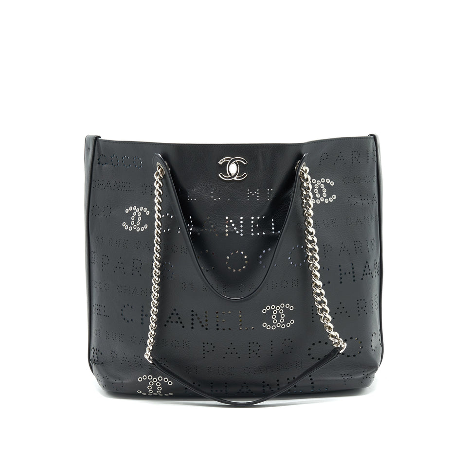 Chanel Eyelet Logo Calfskin Tote Bag Black/ Blue
