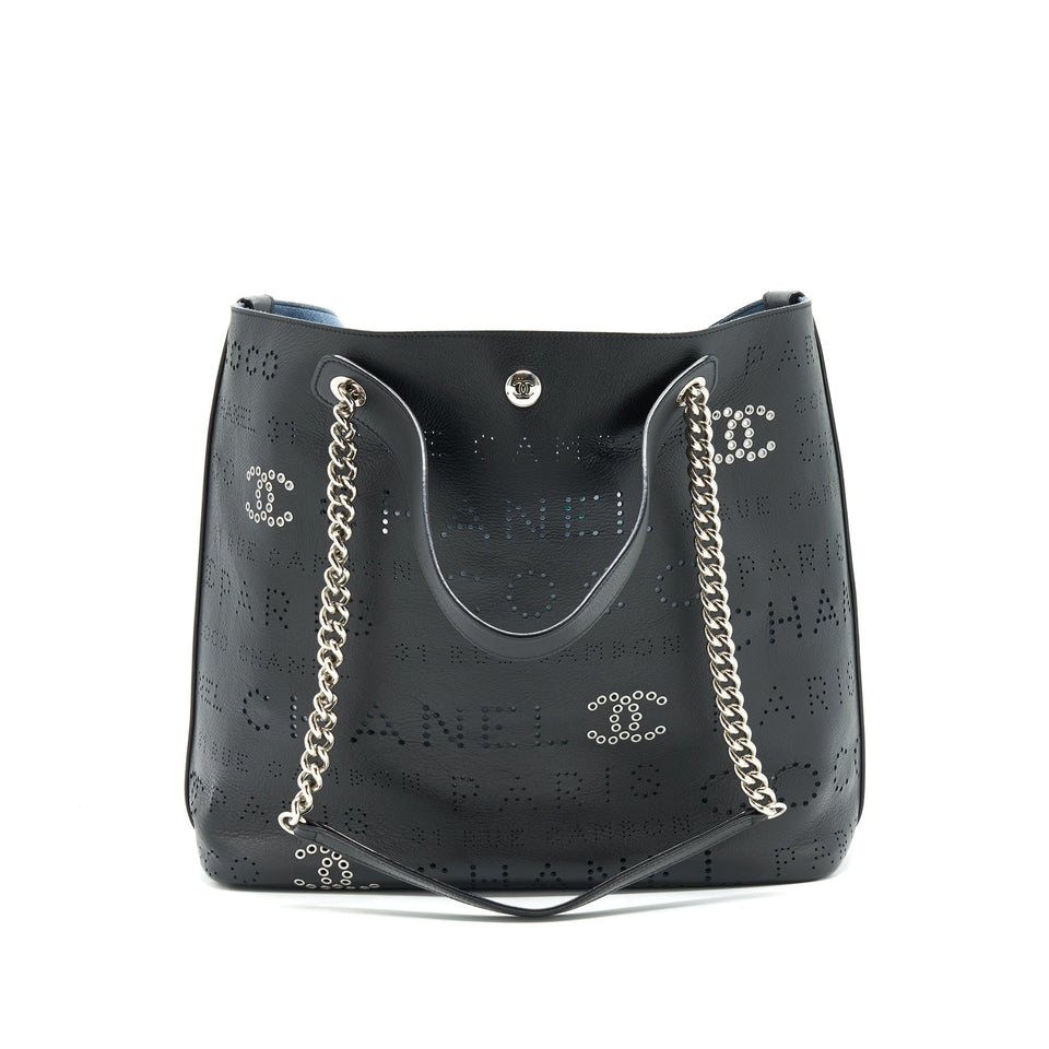 Chanel Eyelet Logo Calfskin Tote Bag Black/ Blue