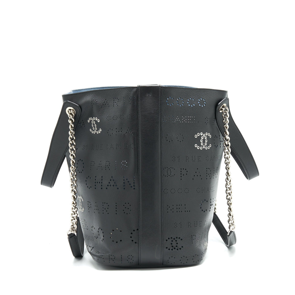 Chanel Eyelet Logo Calfskin Tote Bag Black/ Blue