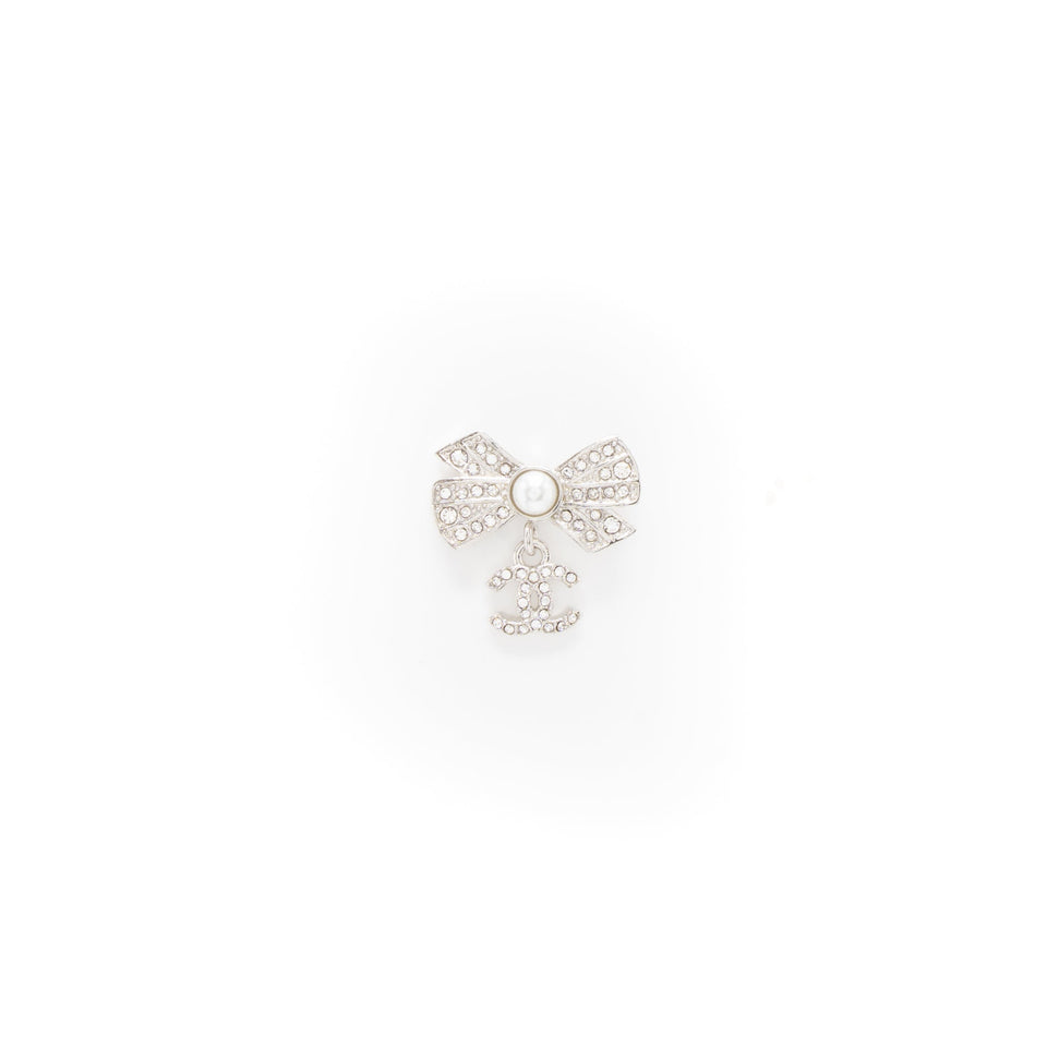 Chanel Bow/CC Logo Drop Earrings Crystal/Pearl Silver Tone