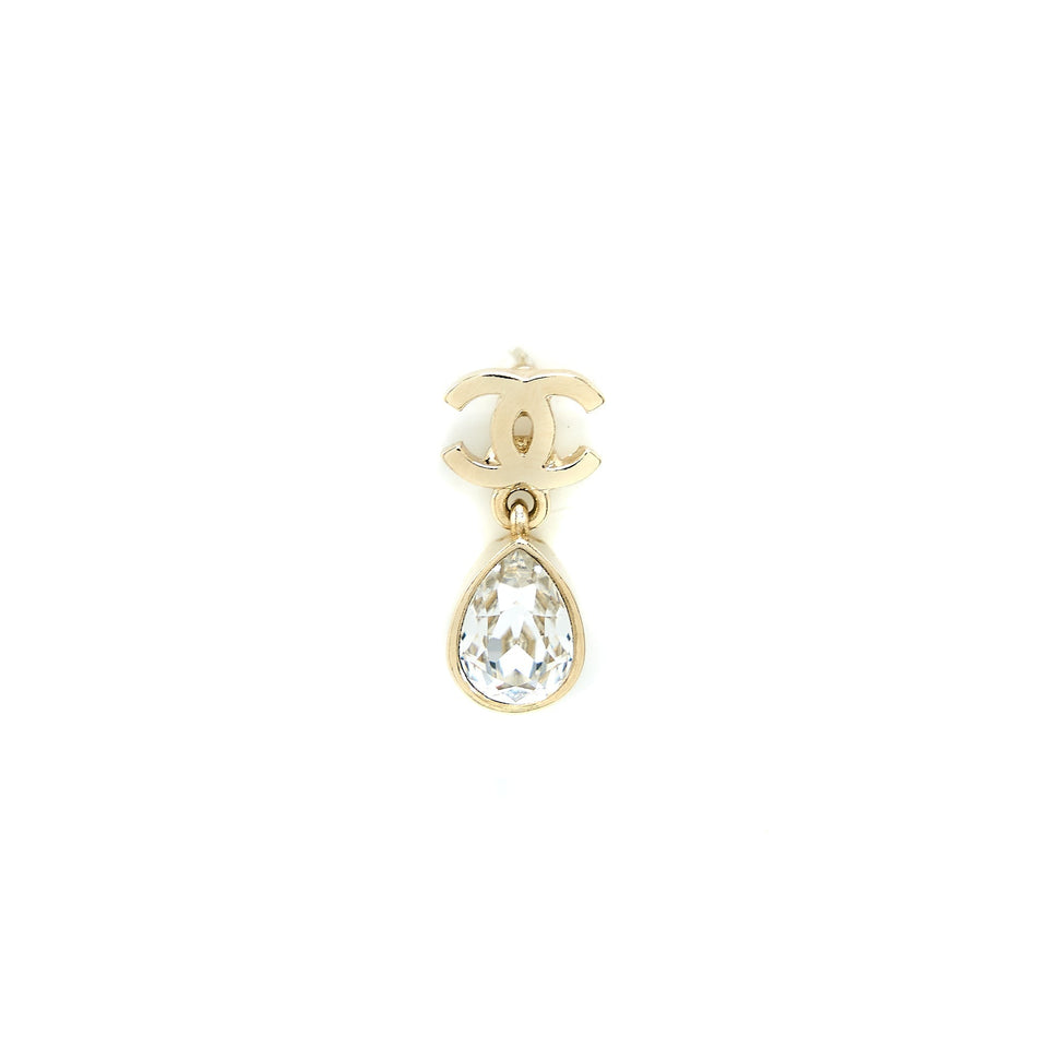 Chanel CC Logo Drop Earrings Crystal Light Gold Tone
