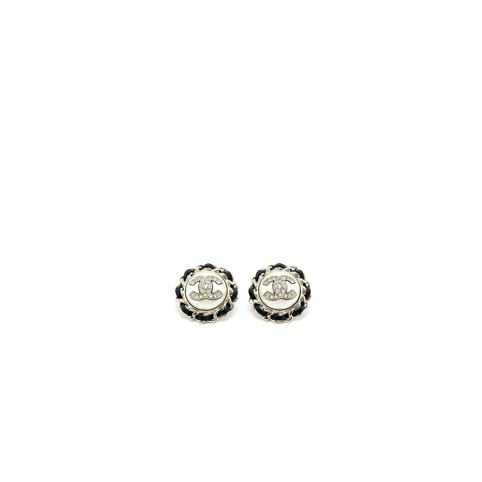Chanel Giant Round CC Logo Earring Leather Chain/Crystal Light Gold Tone