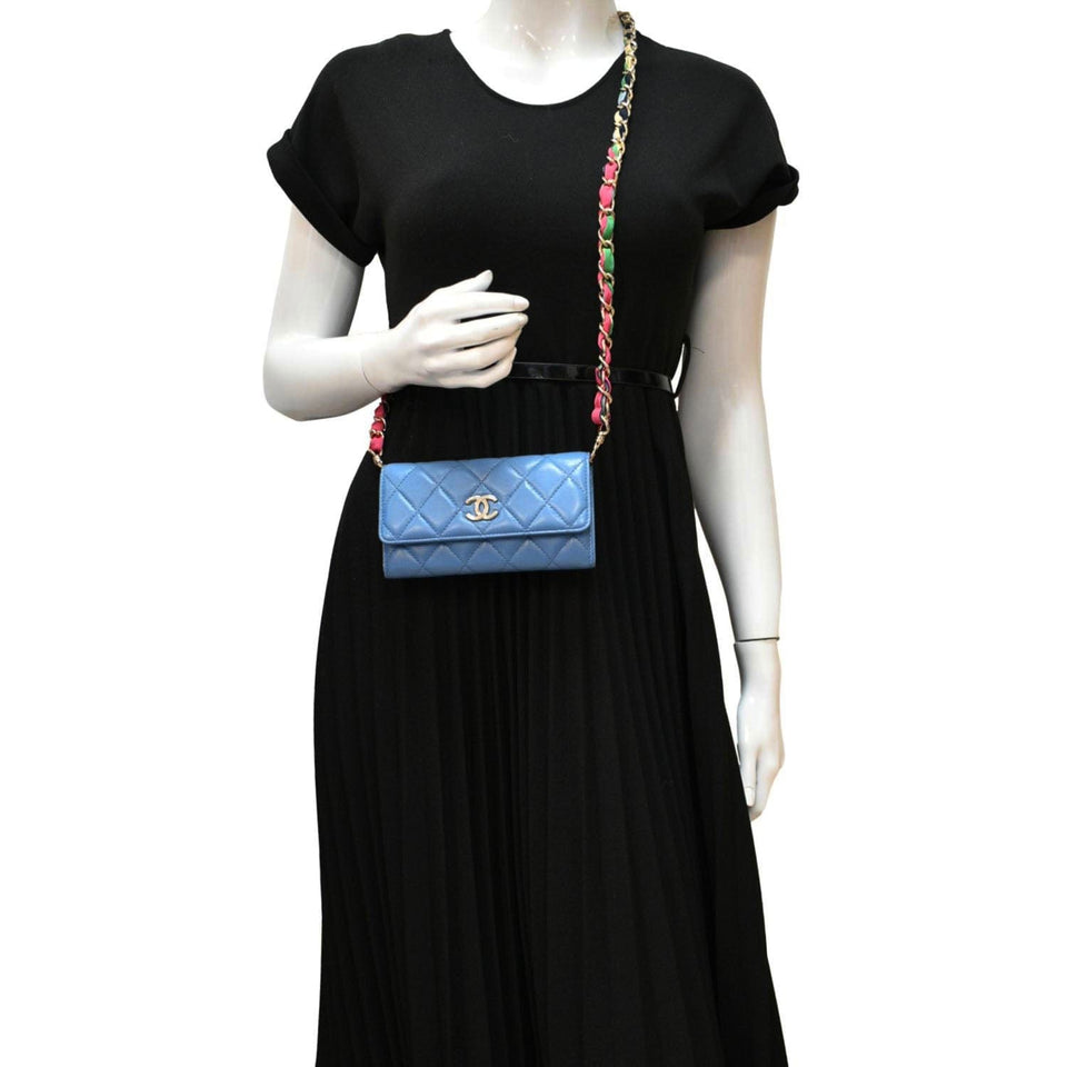 Chanel Ribbon Leather Long Clutch Crossbody Bag Blue