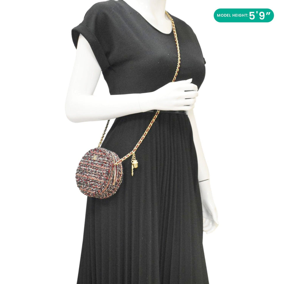 Chanel Round Tweed Chain Clutch Crossbody Bag Red