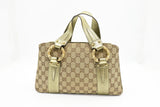 Gucci Handbag in Green Metallic Leather and Beige Canvas