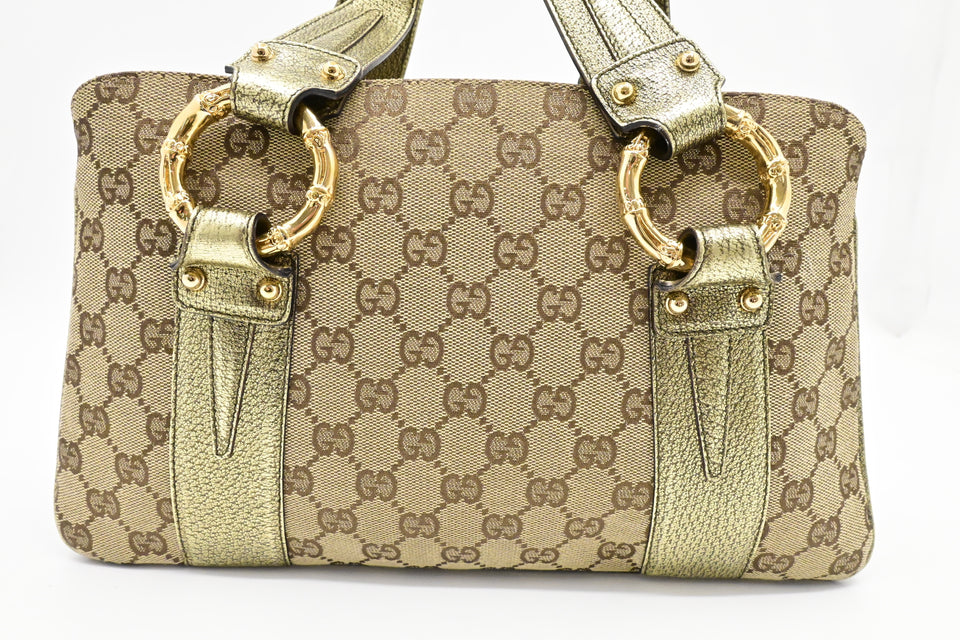 Gucci Handbag in Green Metallic Leather and Beige Canvas