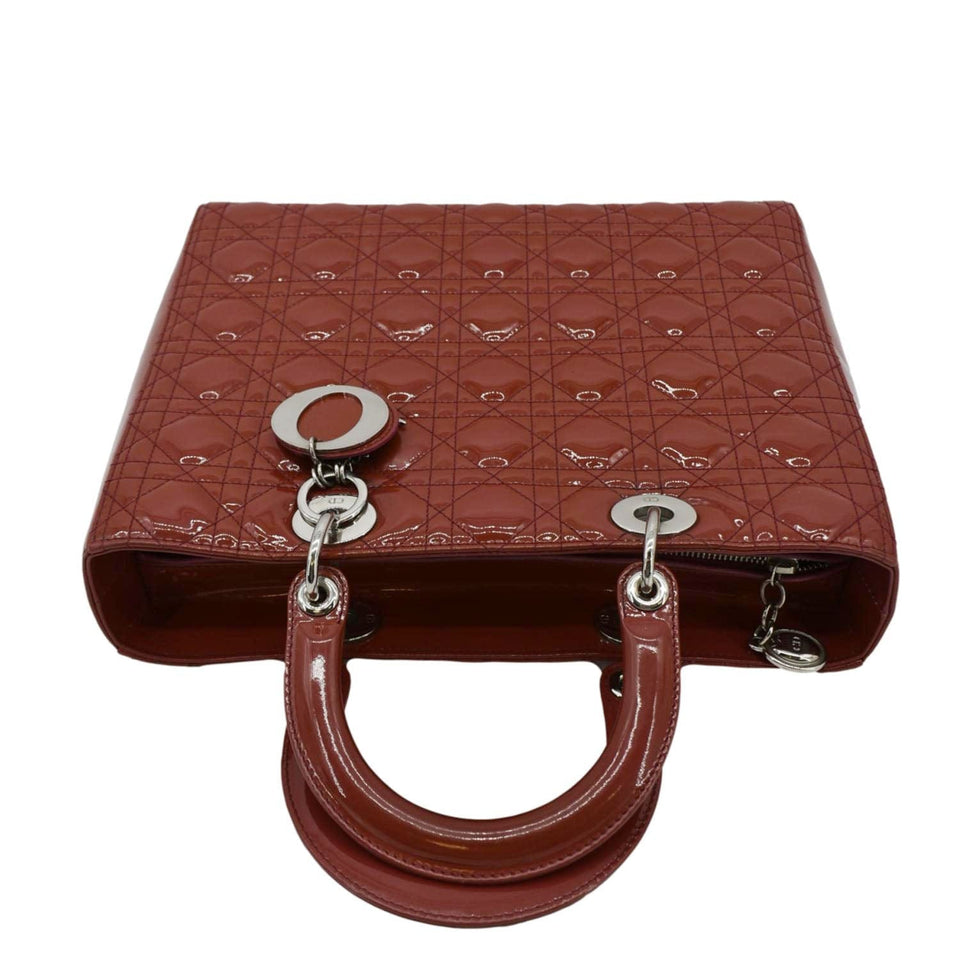 Christian Dior Lady Dior Large Quilted Patent Leather Shoulder Bag Reddish Orange