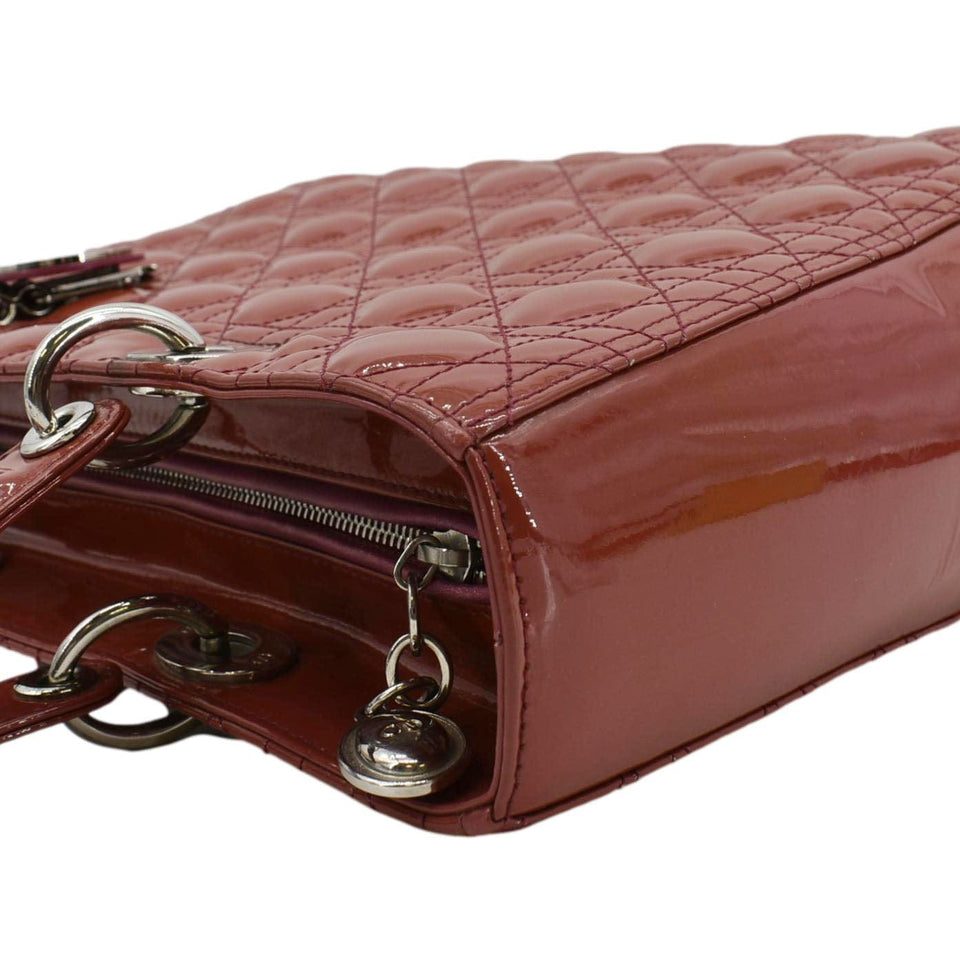 Christian Dior Lady Dior Large Quilted Patent Leather Shoulder Bag Reddish Orange