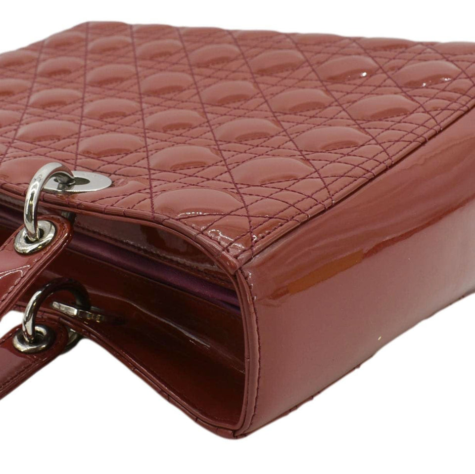 Christian Dior Lady Dior Large Quilted Patent Leather Shoulder Bag Reddish Orange