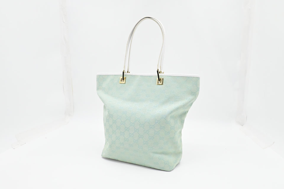 Gucci Tote in Teal GG Canvas and White Leather