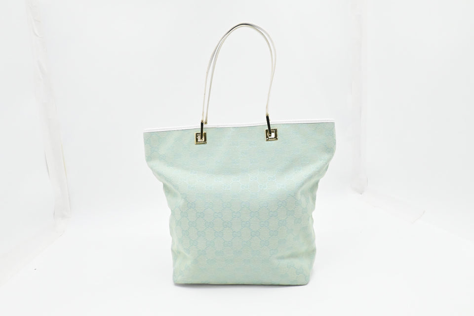 Gucci Tote in Teal GG Canvas and White Leather