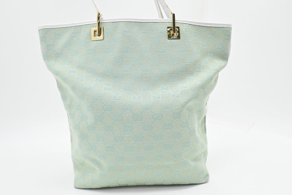 Gucci Tote in Teal GG Canvas and White Leather