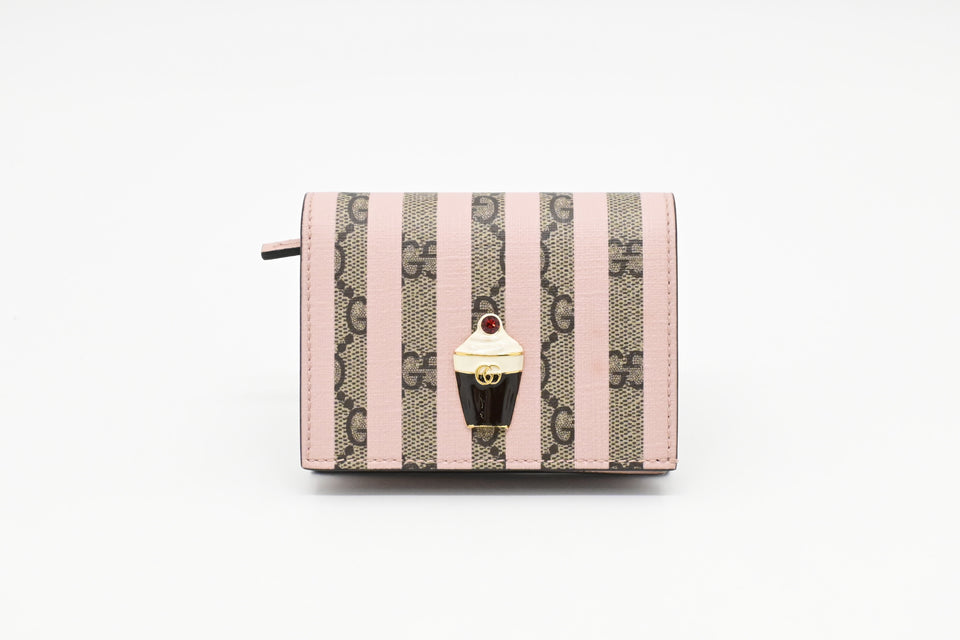 Gucci Love Parade Card Case Wallet in Pink Striped GG Supreme Canvas