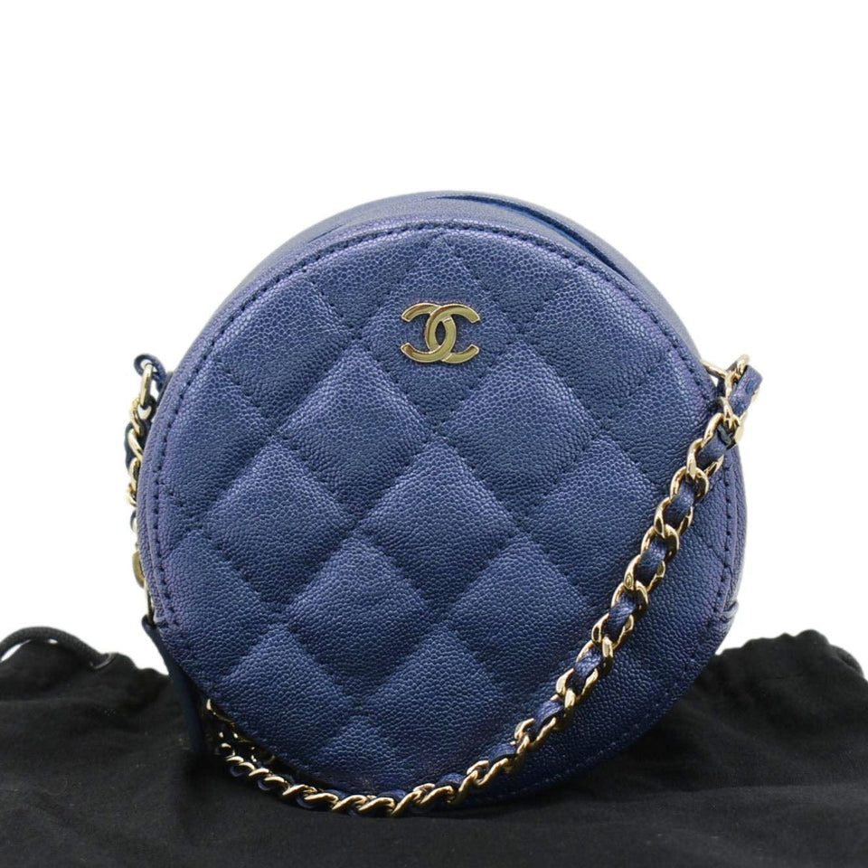 Chanel Round Clutch with Chain Mini Quilted Iridescent Caviar Leather Crossbody Bag Shiny Blue
