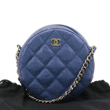 Chanel Round Clutch with Chain Mini Quilted Iridescent Caviar Leather Crossbody Bag Shiny Blue