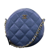 Chanel Round Clutch with Chain Mini Quilted Iridescent Caviar Leather Crossbody Bag Shiny Blue
