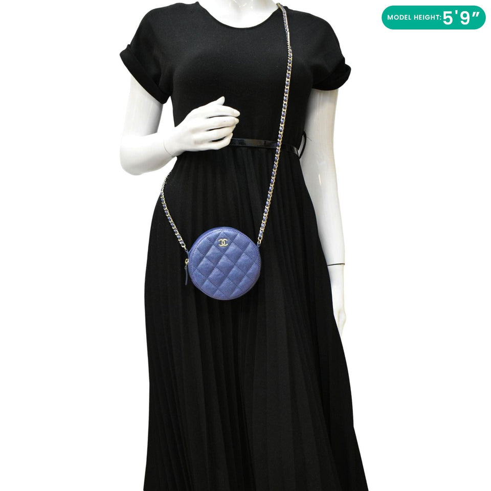 Chanel Round Clutch with Chain Mini Quilted Iridescent Caviar Leather Crossbody Bag Shiny Blue