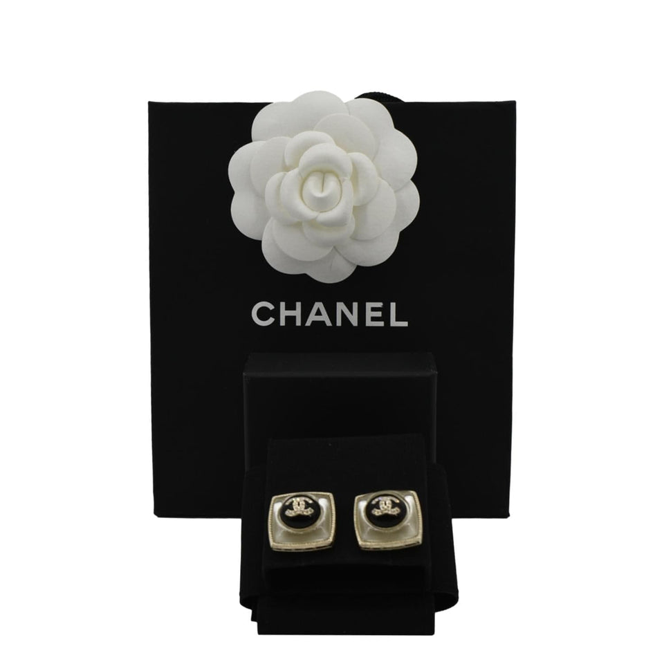 Chanel Square Clip-on Metal Glass Pearl Strass Earrings Black
