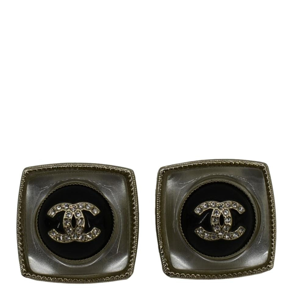 Chanel Square Clip-on Metal Glass Pearl Strass Earrings Black
