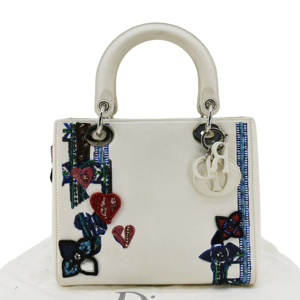 Christian Dior Lady Dior Patch Embellished Leather Tote Bag White