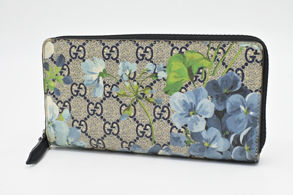 Gucci Zip Around Long Wallet in Blue Blooms GG Supreme Canvas