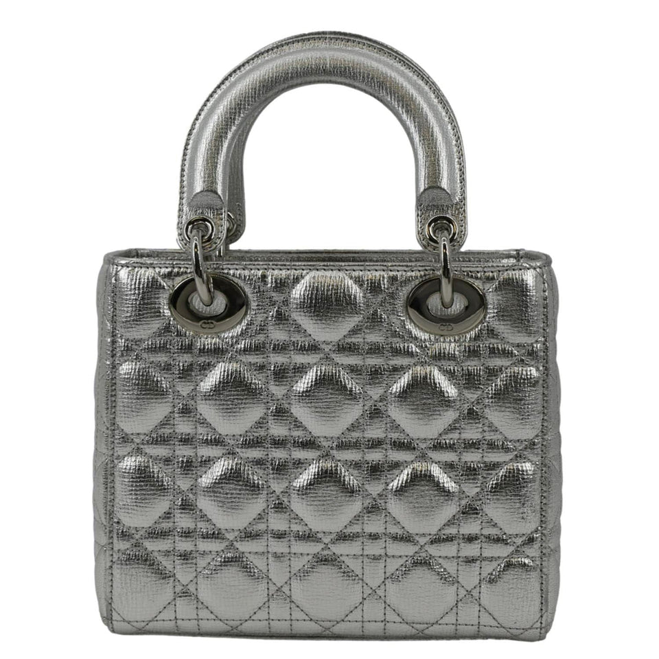 Christian Dior Lady Dior Lambskin Leather Shoulder Bag Metallic Silver