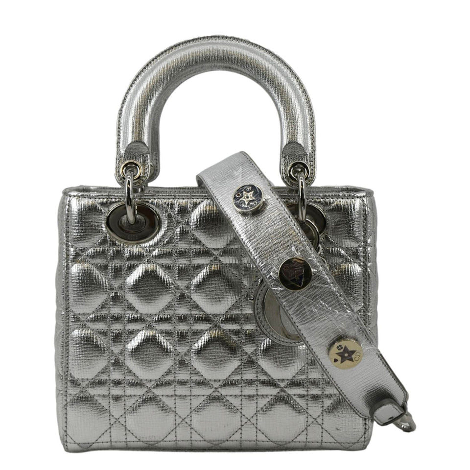 Christian Dior Lady Dior Lambskin Leather Shoulder Bag Metallic Silver